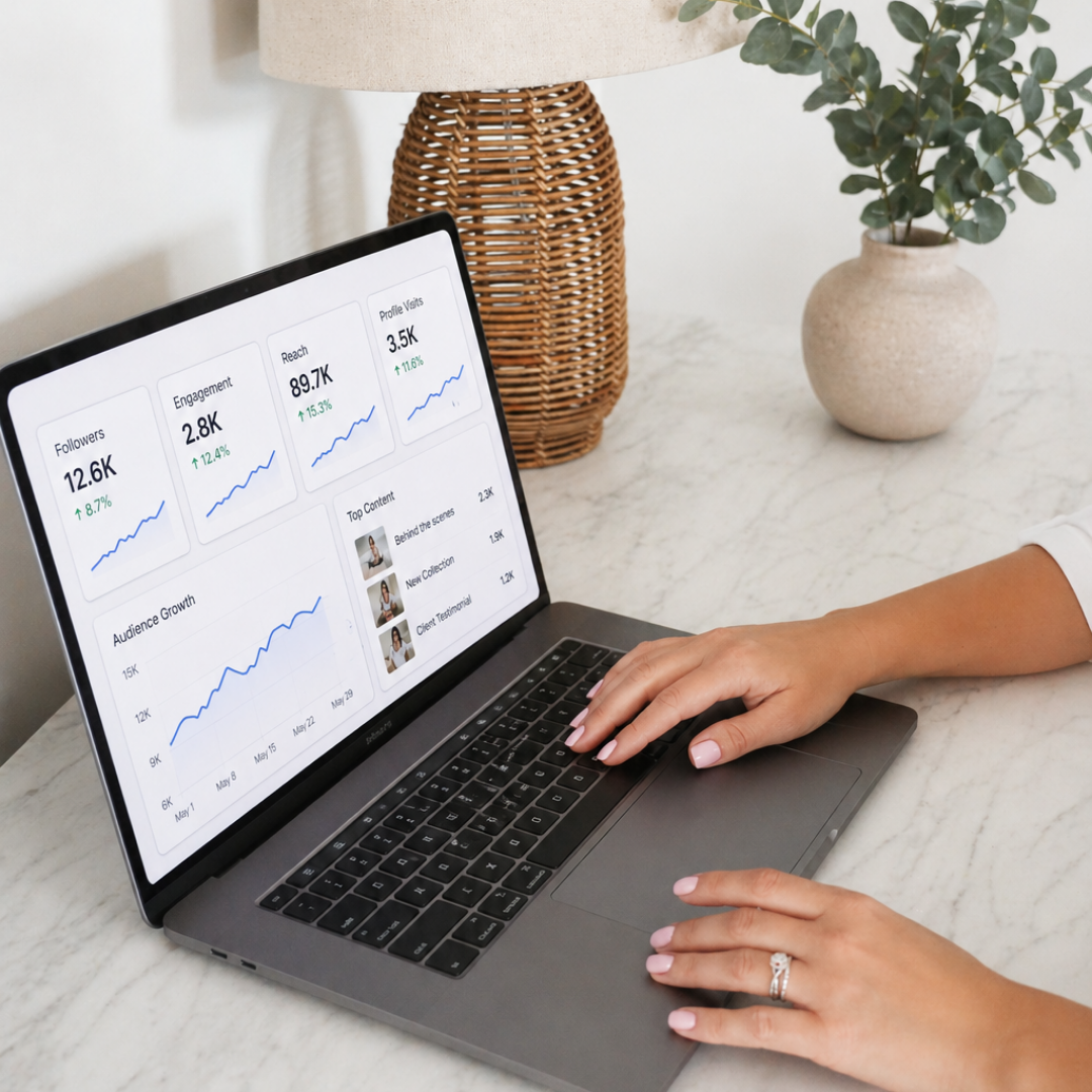 A minimalist workspace with a marble desk and a laptop displaying social media analytics metrics, including follower count, engagement, reach, and growth charts. A person with manicured nails types on the keyboard, while a woven lamp and a small vase with greenery sit in the softly lit background.