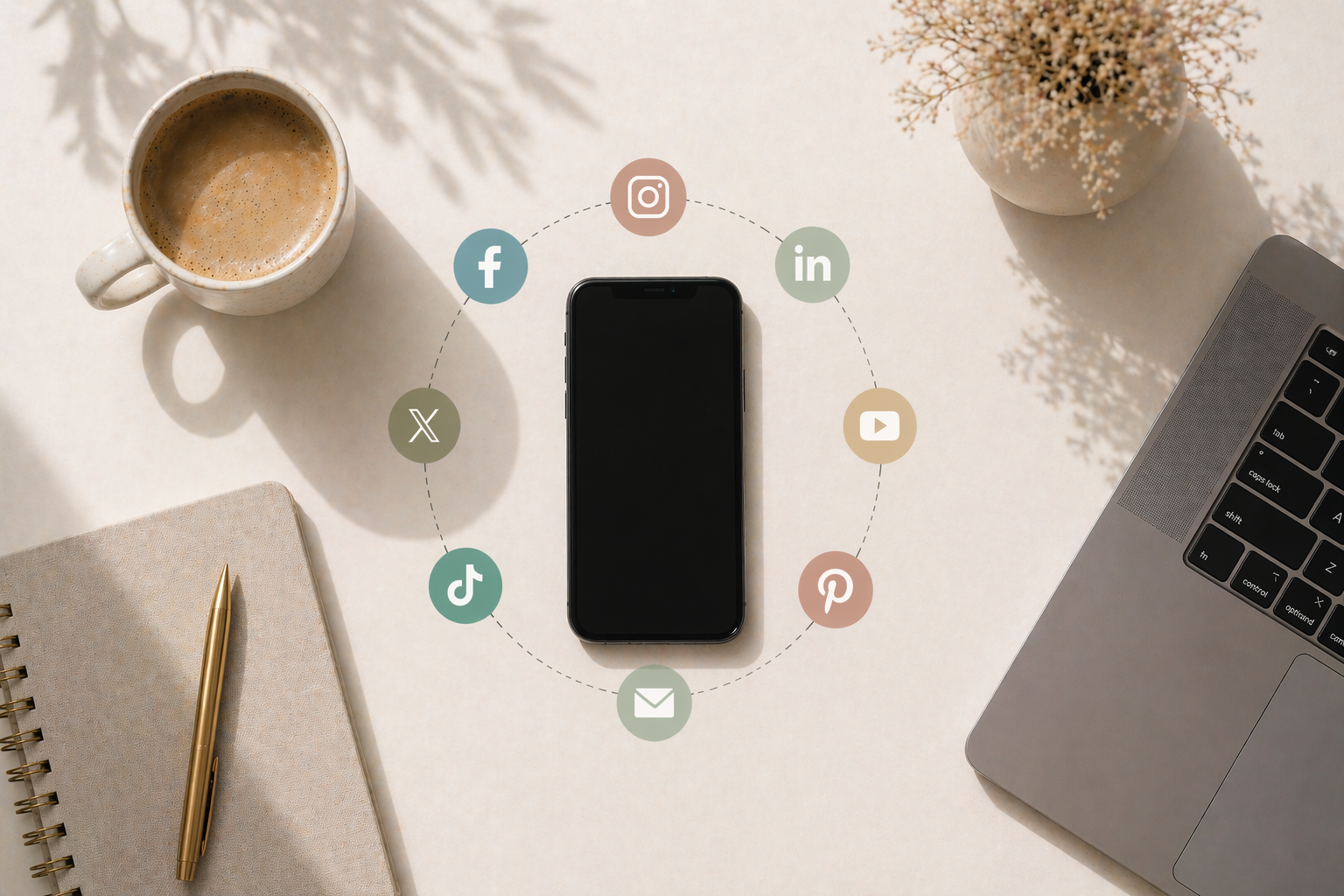 phone surrounded by social media icons on a desk for blog about social media strategy versus tactics